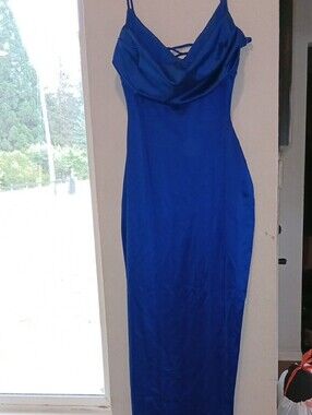 WORN ONCE Leg Slit Silk/Satin Cobalt Blue Maxi Slip Dress with Cowl Neck